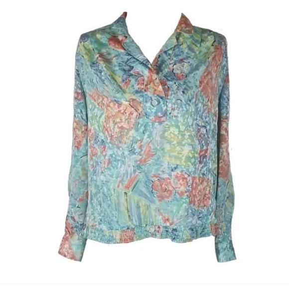 Philippe Marques Retro Pastel Blue Peach Floral Longsleeve Blouse, 10P - Picture 4 of 4
